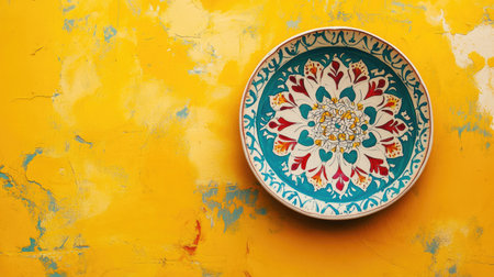 pattern on hand-painted ceramic plate. Copy spaceの素材