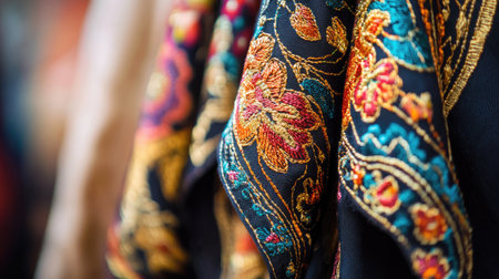 textile with vibrant embroidery and gold threads. Copy spaceの素材