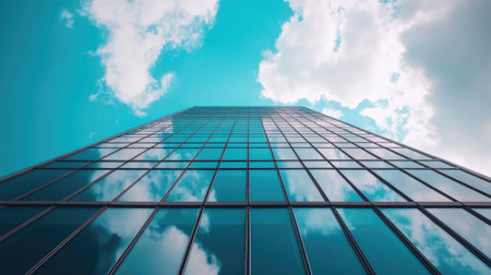 Modern decorative screens on an urban building, with room for text in skyの素材
