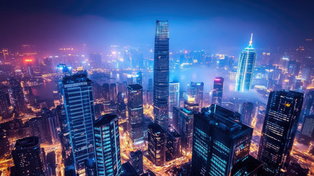 Futuristic skyscrapers with unique lighting at night, ample room for copyの素材