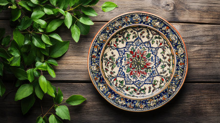 Arabic script decor plate with cultural designs. Copy spaceの素材