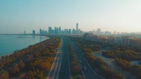 Top view of Abu Dhabi Corniche with modern skyline, copy space aboveの素材