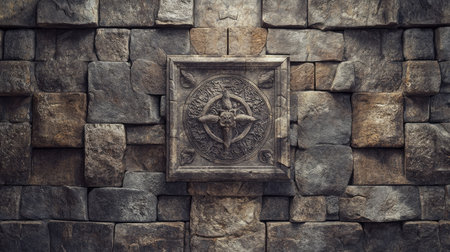 Wall with rustic stone designs and carvings, ample blank spaceの素材