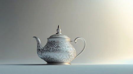 Arabic teapot with delicate engraved details on a plain background. Copy spaceの素材