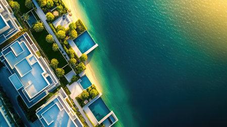 Top view of Dubai residential architecture on the coast, with copy spaceの素材