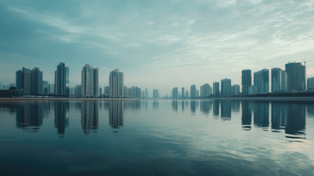 Waterfront view of UAE high-rise buildings with space for text in sky and waterの素材
