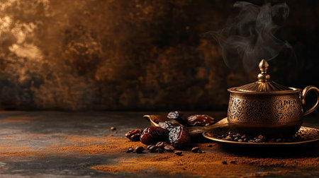 Authentic Arabian coffee setup with spices and dates. Copy spaceの素材