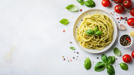 A plate of spaghetti with pesto sauce, cherry tomatoes, and fresh basil on a white background. Copy spaceの素材