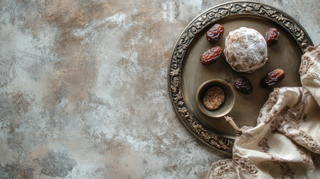 Dallah on tray with dates, traditional Emirati offering. Copy spaceの素材