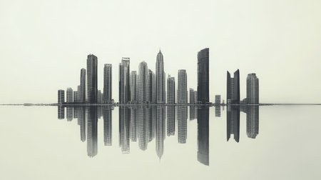 Iconic skyline of Dubai's JLT towers, reflections in water and space for textの素材