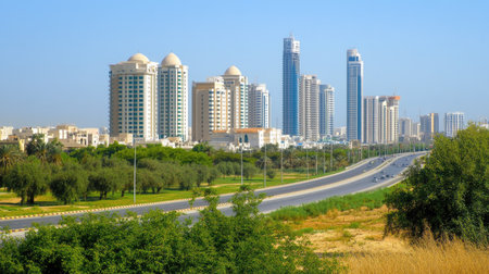 UAE skyscrapers along a highway, modern and traditional designs blending, with ample copy spaceの素材
