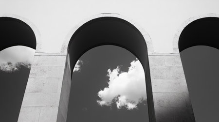 Decorative archways on urban building facade, blank space in the sky.の素材