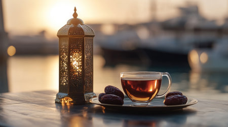 Close-up of Emirati lantern with dates and Arabic tea. Copy spaceの素材