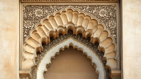 Detailed archway on ornate building, decorative elements and ample copy space.の素材