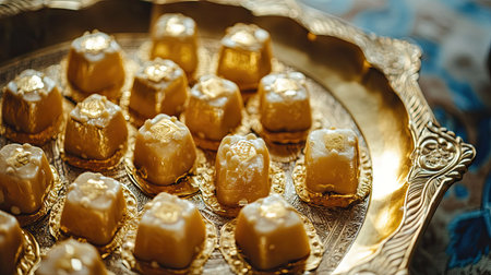 Close-up of golden sweets arranged on Arabic dish. Copy spaceの素材
