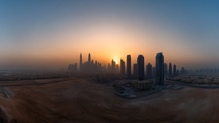 Dubai skyline at sunrise, high-rise buildings and clear sky for textの素材