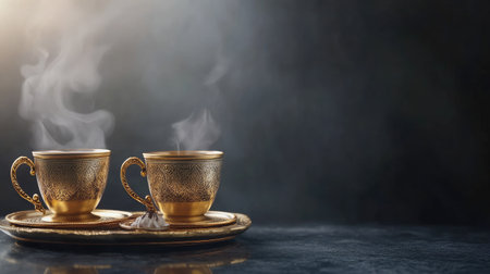 Gold-trimmed coffee cups and brass dallah, Arabic style. Copy spaceの素材
