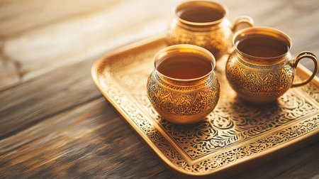 Golden Arabic tea set with ornate designs, symbolizing hospitality. Copy spaceの素材