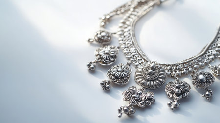 jewelry in traditional silver, on plain background. Copy spaceの素材