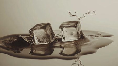 Melting ice cubes in a puddle of water on a light background. Copy spaceの素材
