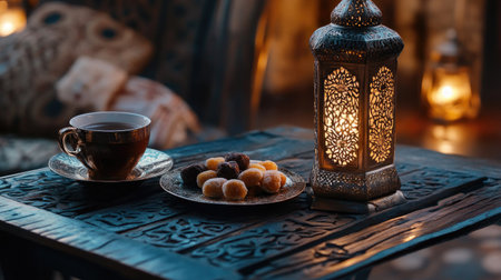 Intricate Arabian coffee setup with lantern and sweets. Copy spaceの素材