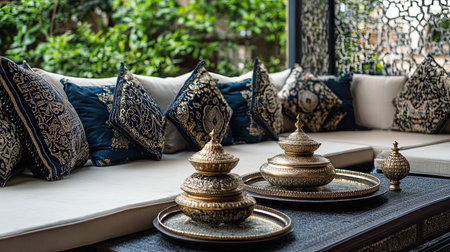 Luxurious Arabian sofa setup with decorative cushions and trays. Copy spaceの素材