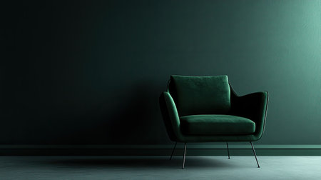 Modern armchair in dark green with clean lines and metal legs. Copy spaceの素材