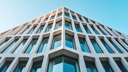 Angular concrete facade with geometric details, clear sky for copy.の素材