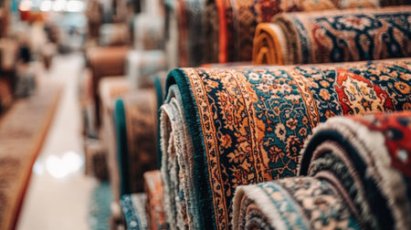 Close-up of Arabian carpet patterns displayed at a Dubai souk. Copy spaceの素材