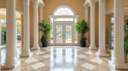 Large entryway with decorative columns and arch, ample blank space for textの素材
