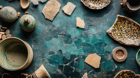 Flat lay of pottery shards with ancient Copy spaceの素材