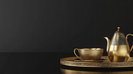 Gold-trimmed coffee cups and brass dallah, Arabic style. Copy spaceの素材