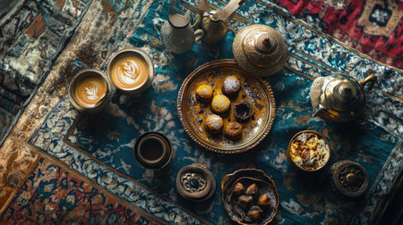 Intricate coffee setup with Arabic sweets and calligraphy. Copy spaceの素材