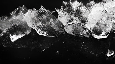 Irregular chunks of ice on a black background, adding dramatic contrast. Copy spaceの素材