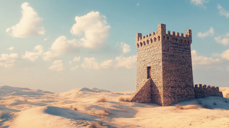 Historic structure of UAE watchtowers in a desert landscape. Copy spaceの素材