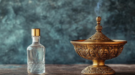 Golden incense holder with rose water bottle beside it. Copy spaceの素材
