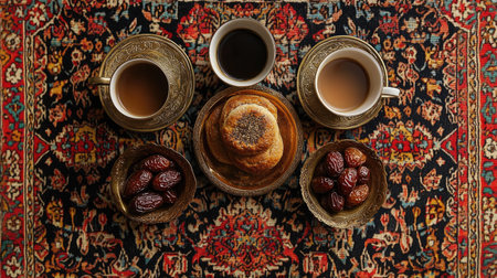 Golden dallah, coffee cups, and dates on a patterned mat. Copy spaceの素材