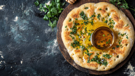 Fresh bread alongside a small dish of date and honey. Copy spaceの素材