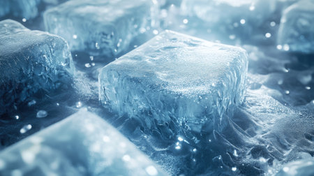 Frosted ice blocks with small cracks and air bubbles for an icy theme. Copy spaceの素材
