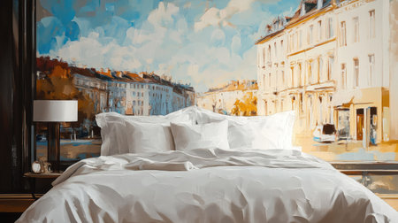 King-sized bed with crisp white bedding and decorative cushions. Copy spaceの素材