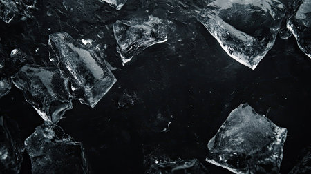 Irregular chunks of ice on a black background, adding dramatic contrast. Copy spaceの素材