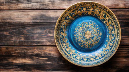 Hand-painted Arabian ceramic plate with blue and gold patterns. Copy spaceの素材