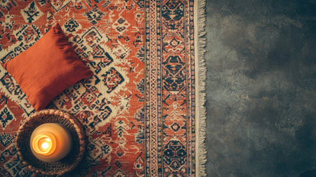 Handwoven rug with traditional colors and patterns. Copy spaceの素材