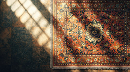 Magic carpet with bold patterns and intricate borders on floor. Copy spaceの素材