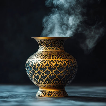 Ornamental incense burner (mabkhara) in traditional Emirati design. Copy spaceの素材