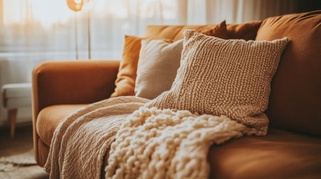Neutral-toned sofa with soft cushions and cozy throw blankets. Copy spaceの素材