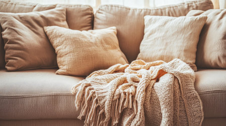 Neutral-toned sofa with soft cushions and cozy throw blankets. Copy spaceの素材