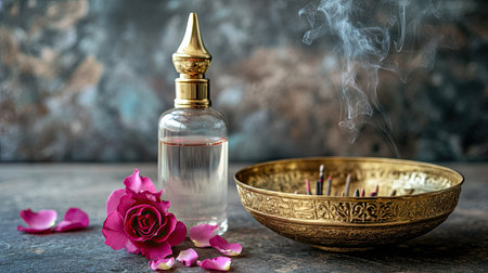 Golden incense holder with rose water bottle beside it. Copy spaceの素材