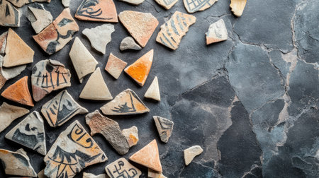 Flat lay of pottery shards with ancient Copy spaceの素材