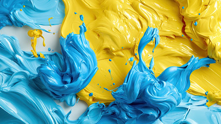 This captivating image showcases vibrant swirls of blue and yellow paint, offering a unique backdrop for various creative projects and designs.の素材